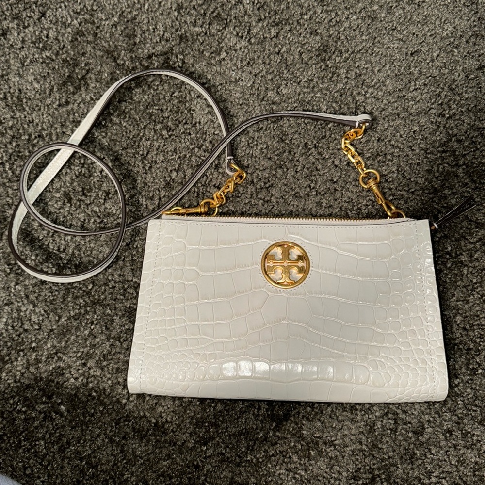 Tory Burch White Croc-Embossed Leather Crossbody with Gold Logo